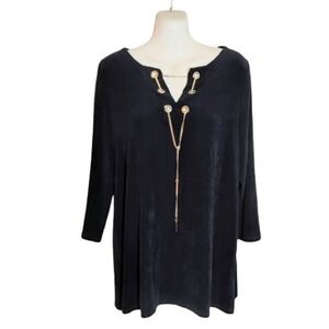 Chico’s Travelers Flowy Tunic Top Chain Detail Navy Blue Size 1/S